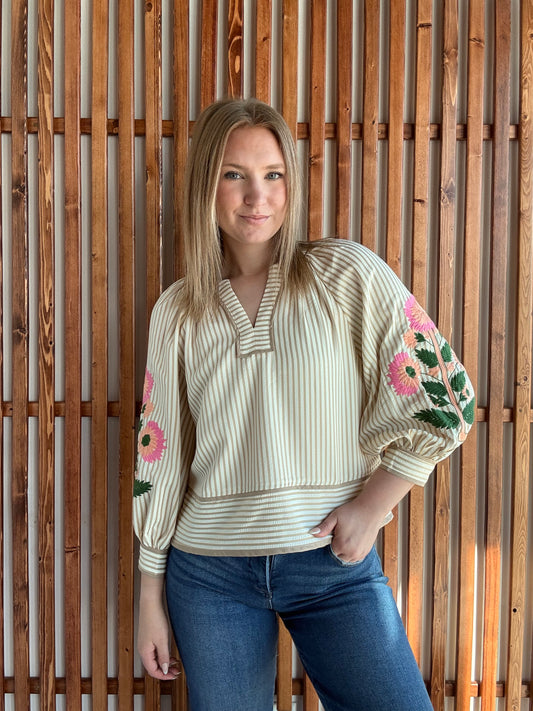 Stripe Embroidered Floral Long Sleeve - Oatmeal