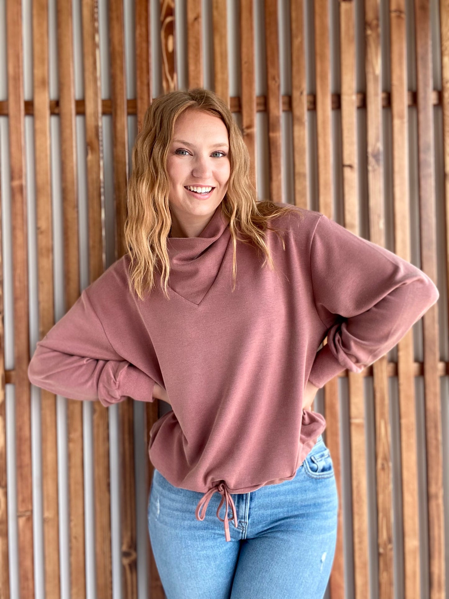 Red Bean Cowl Neck Top with Drawstring Waist