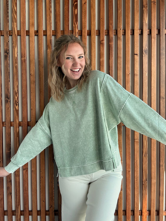 Acid Wash Oversized Long Sleeve - Dusty Mint