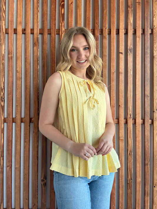 Yellow Bow Tie Neck Pleated Tank Top - FINAL SALE
