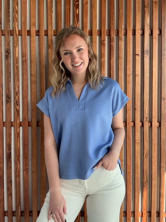 Collared V-Neck Modal Short Sleeve - Chambray