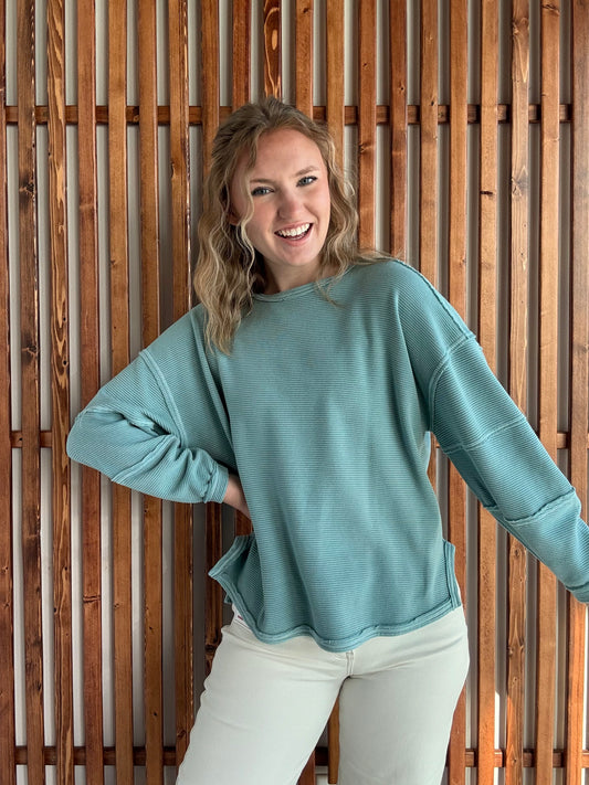 Ribbed Raw Seam Details Long Sleeve - Dusty Blue
