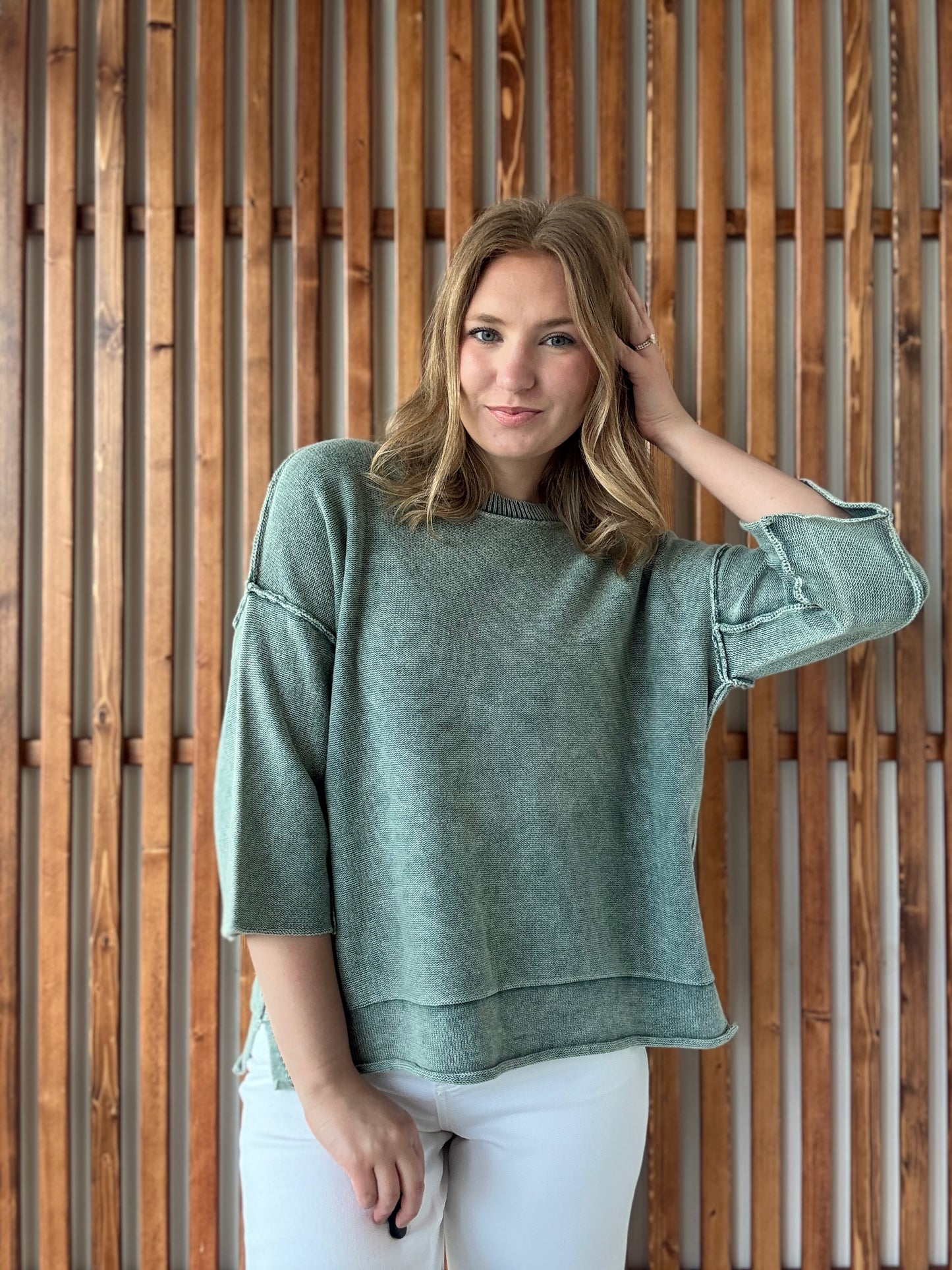 Washed 3/4 Sleeve Boxy Sweater - Ash Jade