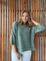 Washed 3/4 Sleeve Boxy Sweater - Ash Jade