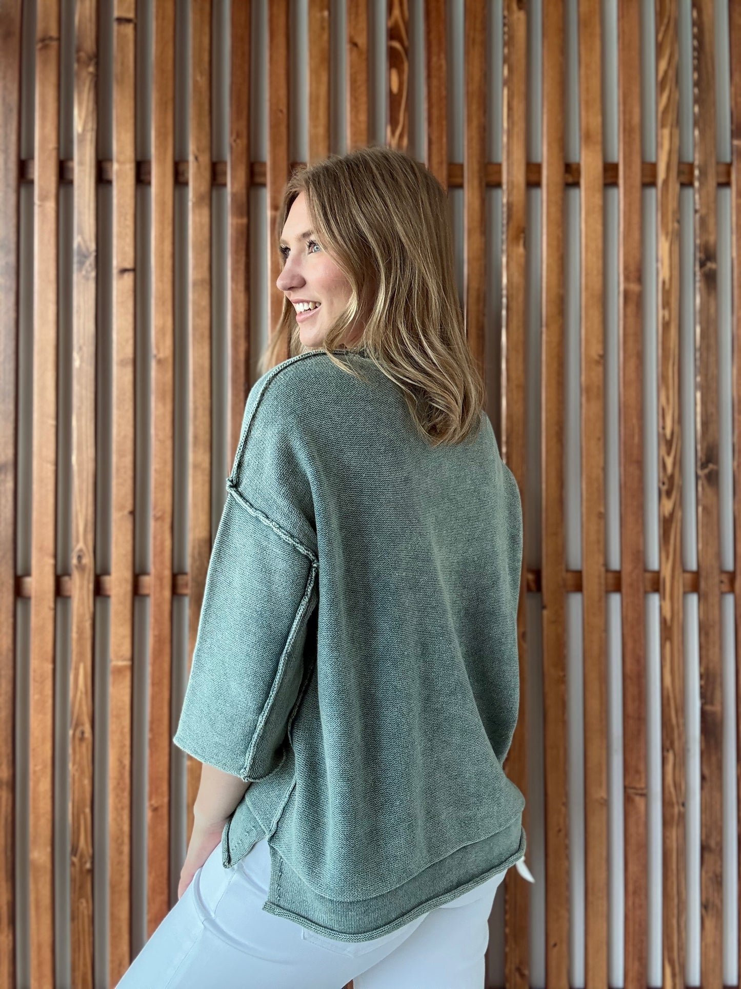 Washed 3/4 Sleeve Boxy Sweater - Ash Jade