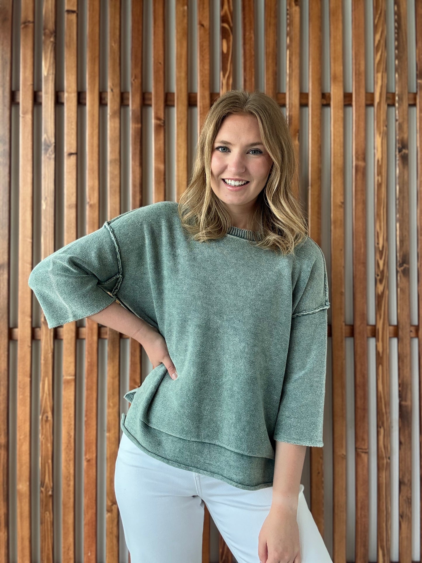 Washed 3/4 Sleeve Boxy Sweater - Ash Jade