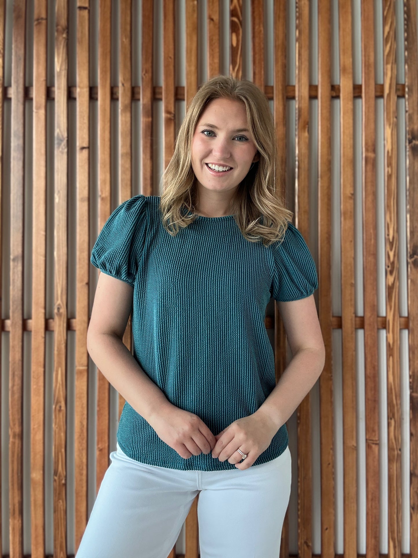 Ribbed Puff Sleeve Top - Teal