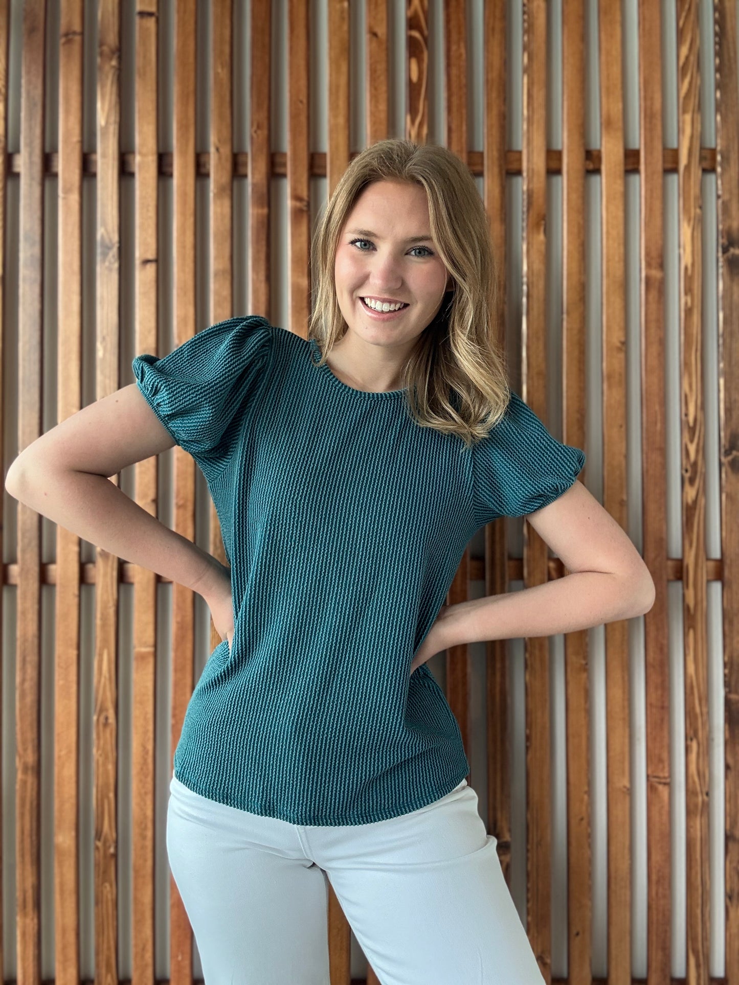 Ribbed Puff Sleeve Top - Teal
