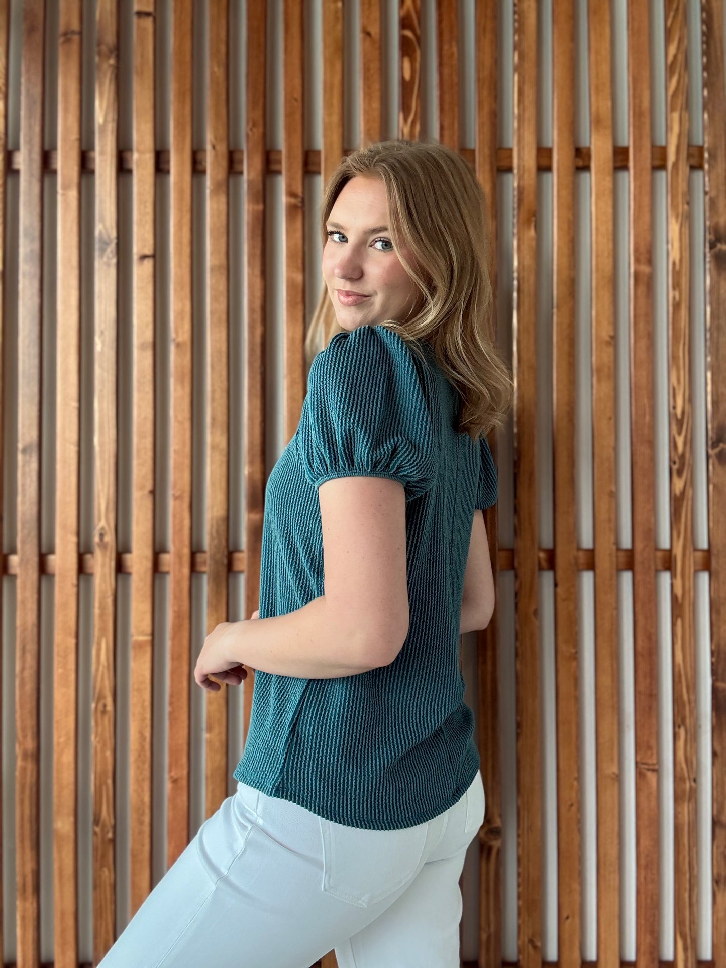Ribbed Puff Sleeve Top - Teal