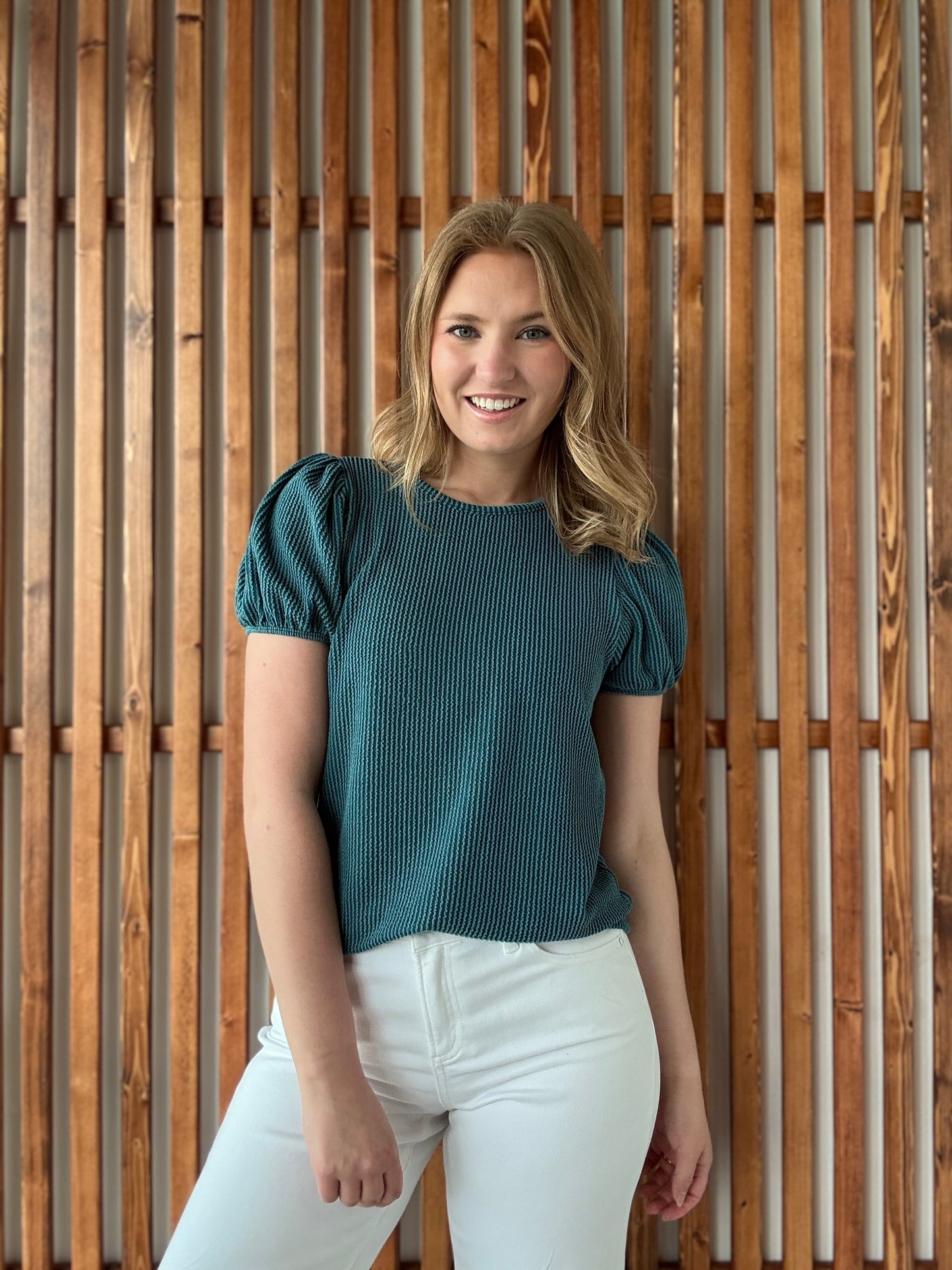 Ribbed Puff Sleeve Top - Teal
