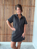 Half Zip Drawstring Waist Scuba Dress - Charcoal