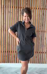 Half Zip Drawstring Waist Scuba Dress - Charcoal