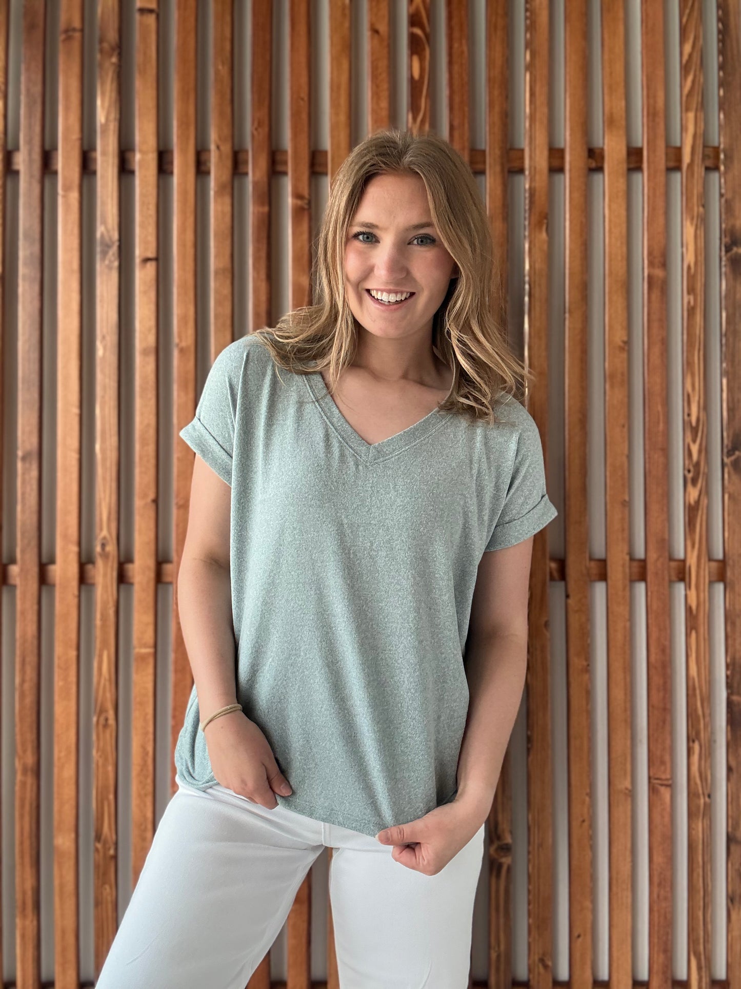 Soft Melange Hacci V-Neck Tee - Blue Grey