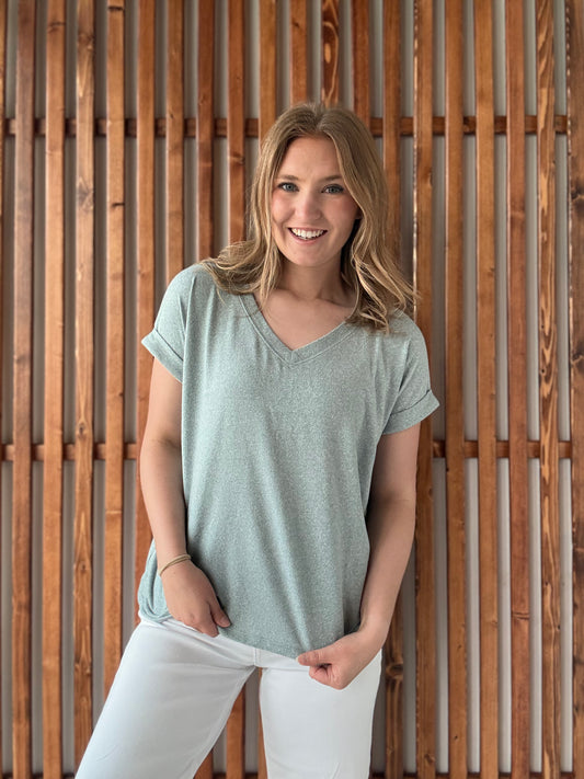 Soft Melange Hacci V-Neck Tee - Blue Grey