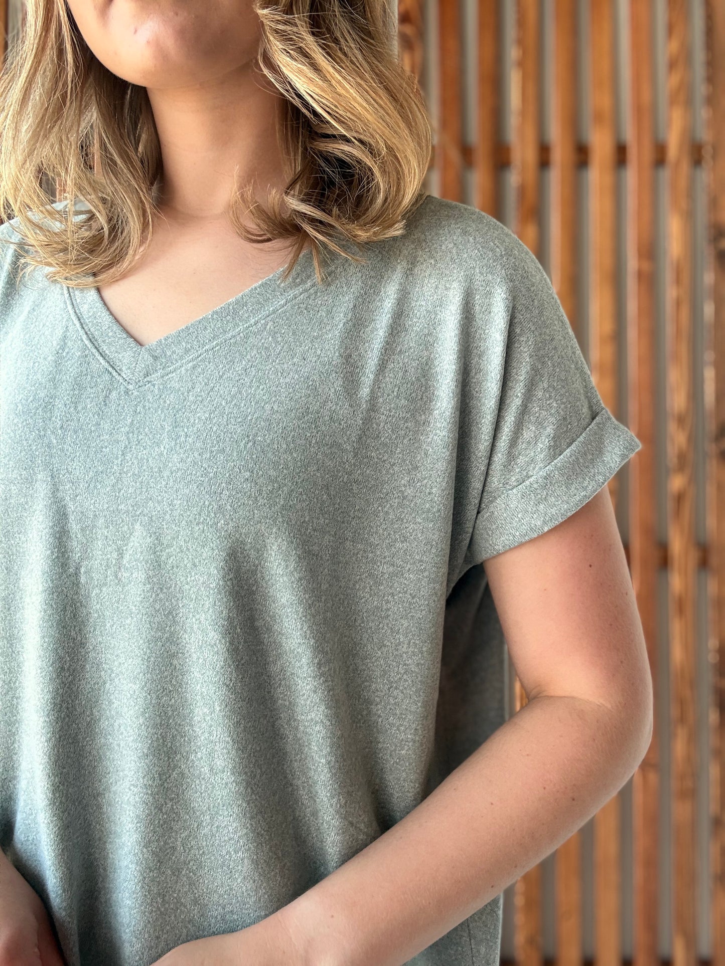 Soft Melange Hacci V-Neck Tee - Blue Grey