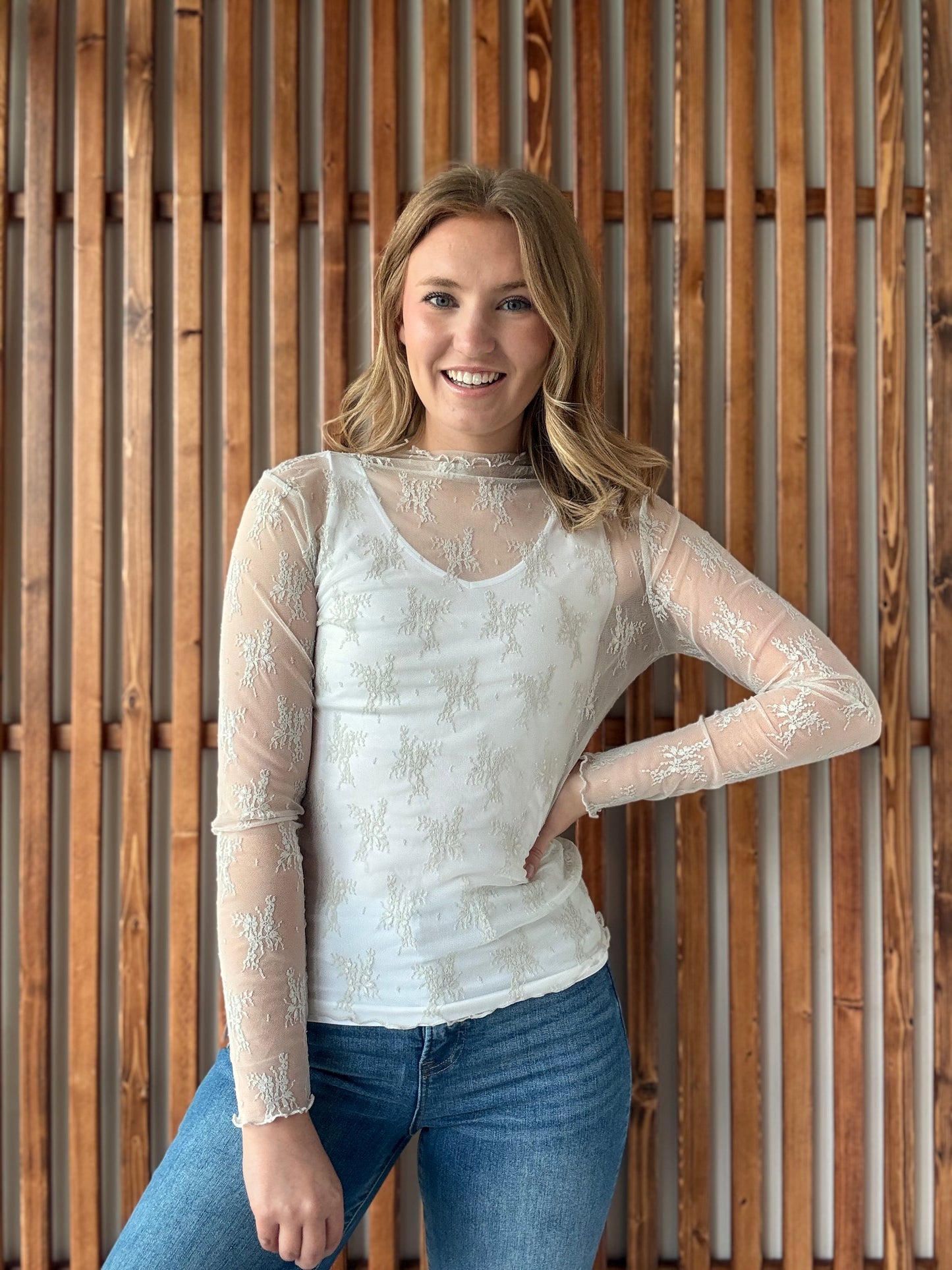 Lace Mock Neck Long Sleeve - Bone