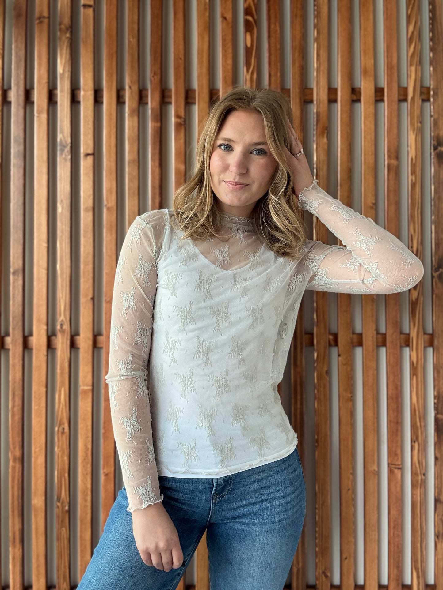 Lace Mock Neck Long Sleeve - Bone