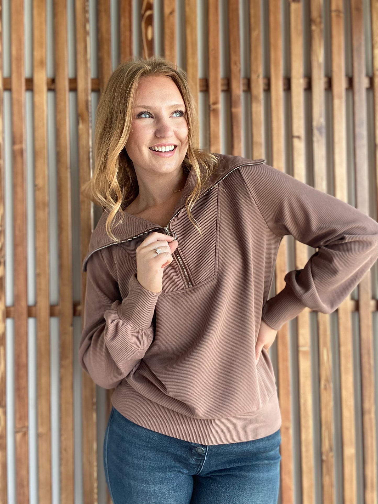 Mocha Ribbed Quarter Zip