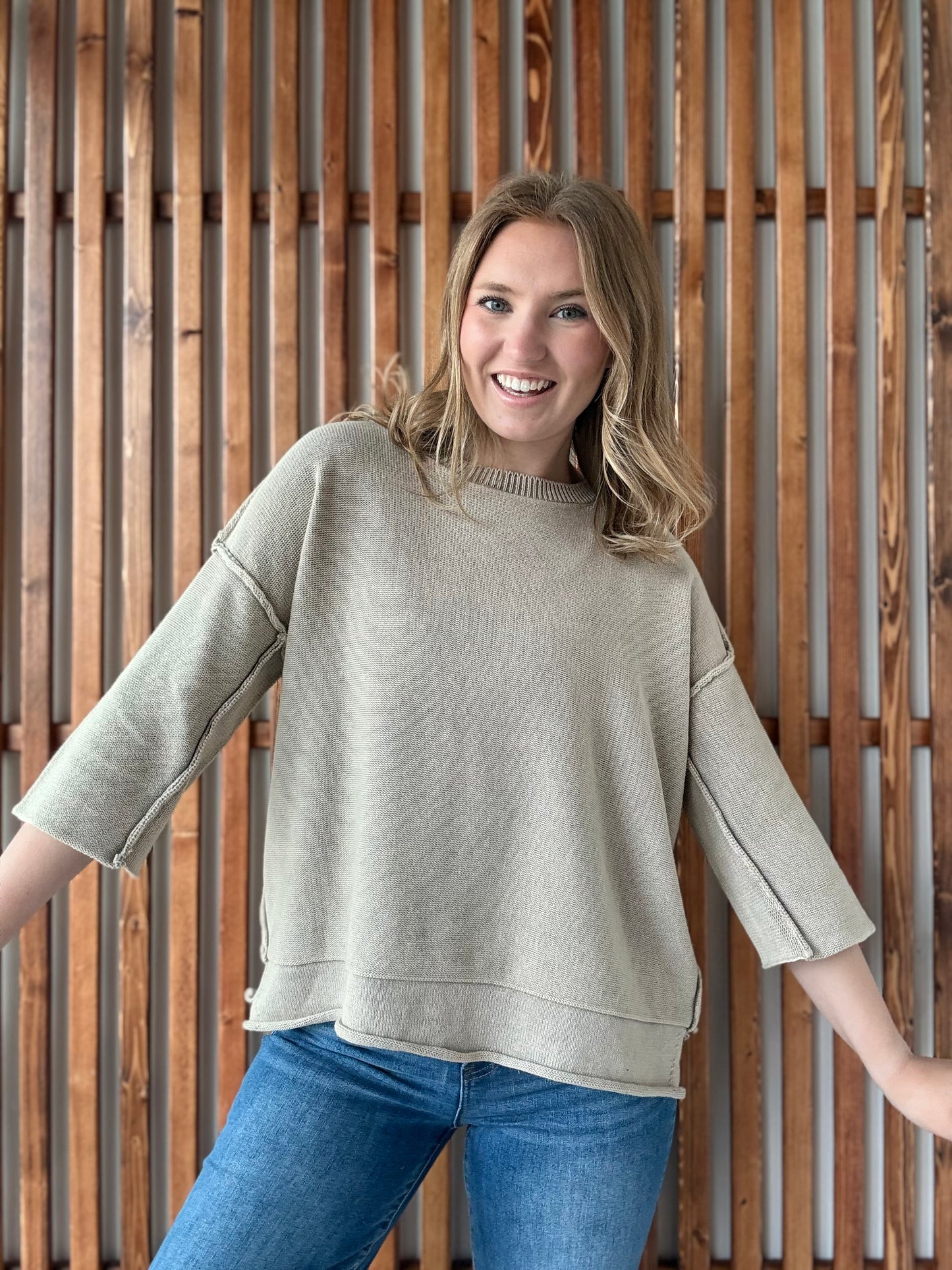 Washed 3/4 Sleeve Boxy Sweater - Light Mocha