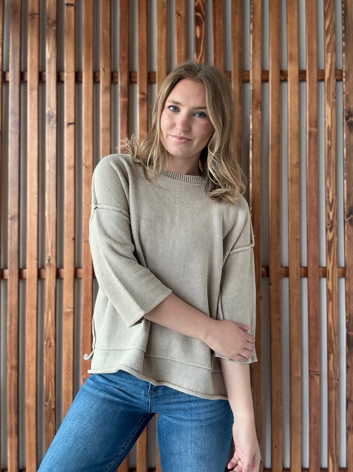 Washed 3/4 Sleeve Boxy Sweater - Light Mocha