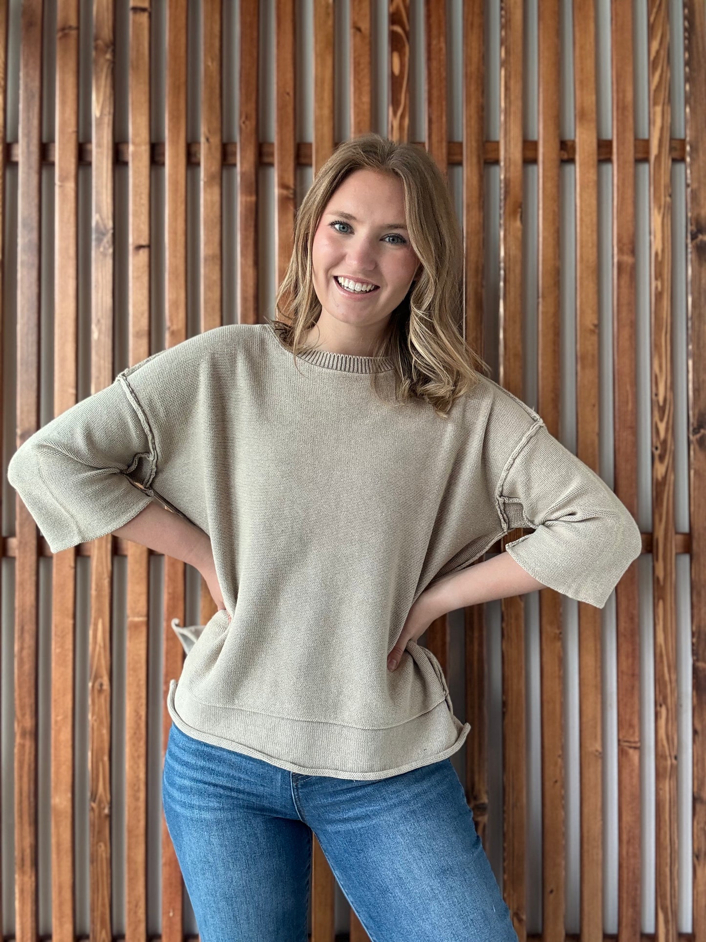 Washed 3/4 Sleeve Boxy Sweater - Light Mocha
