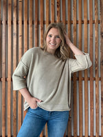 Washed 3/4 Sleeve Boxy Sweater - Light Mocha