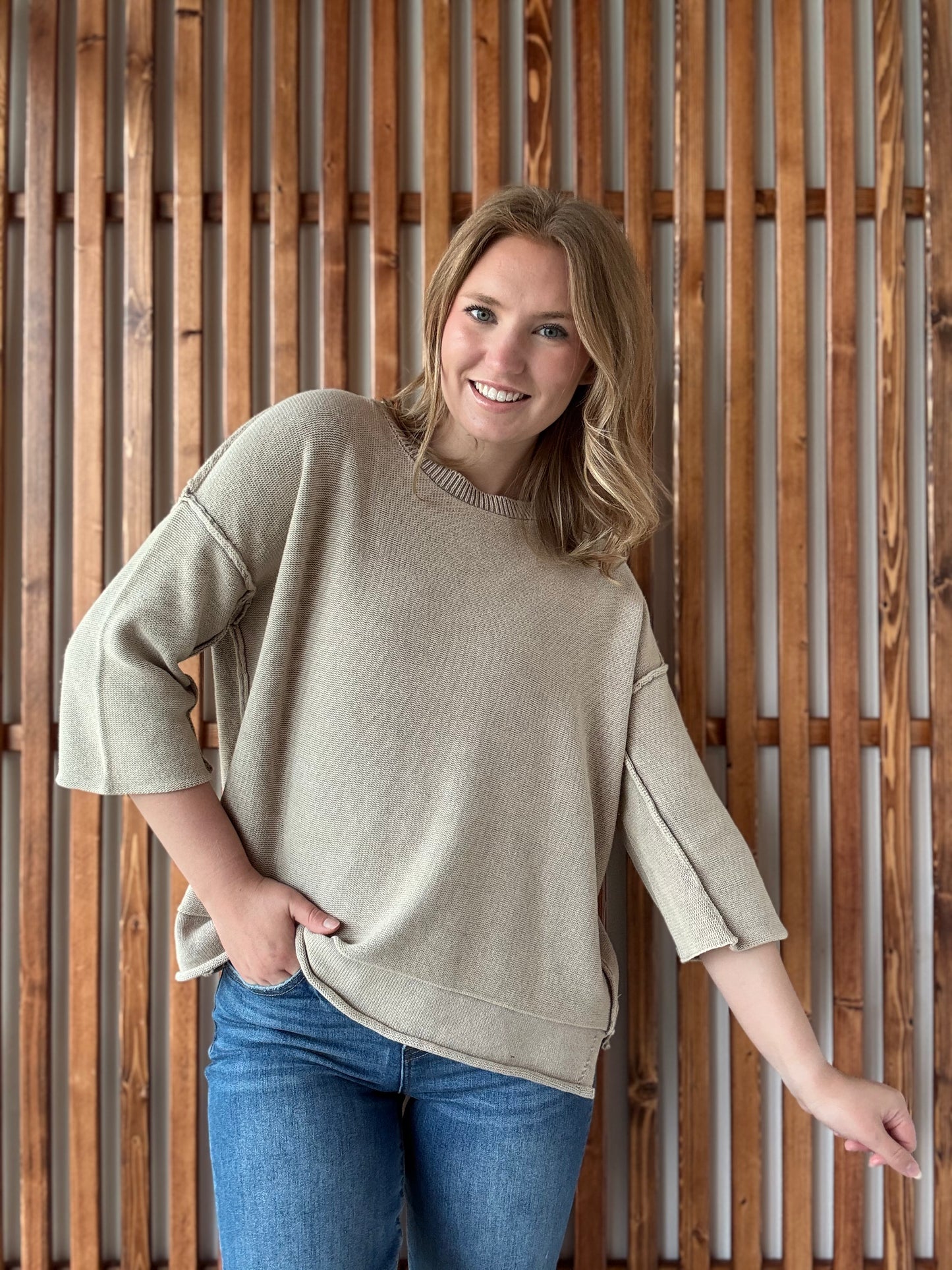 Washed 3/4 Sleeve Boxy Sweater - Light Mocha