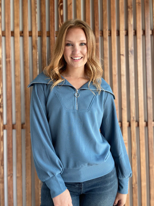 Dusty Blue Ribbed Quarter Zip