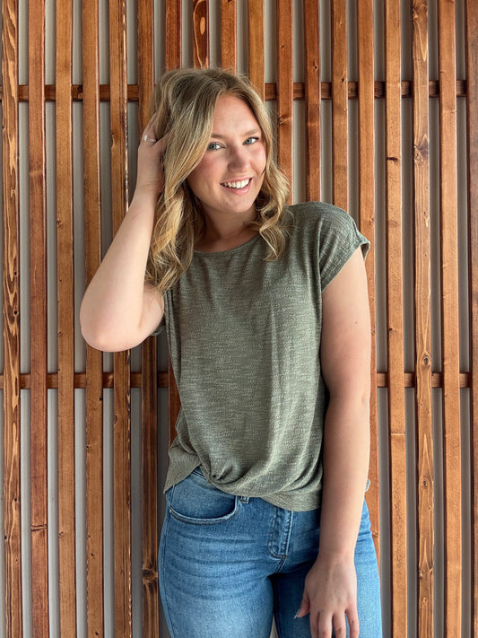 Olive Front Twist Short Sleeve Top