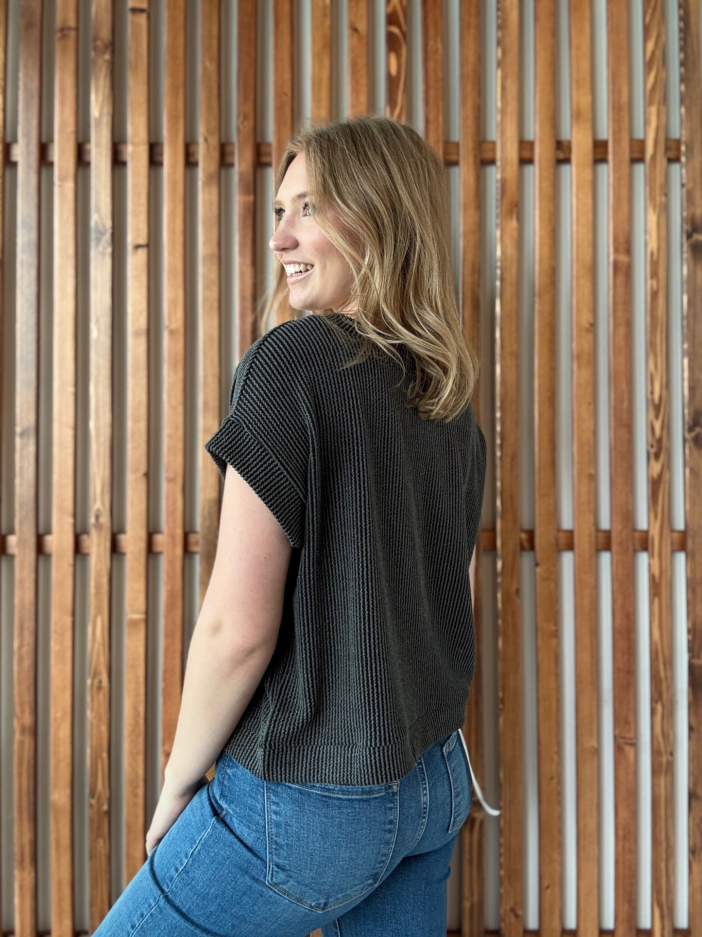 Raised Rib Cap Sleeve Top - Charcoal