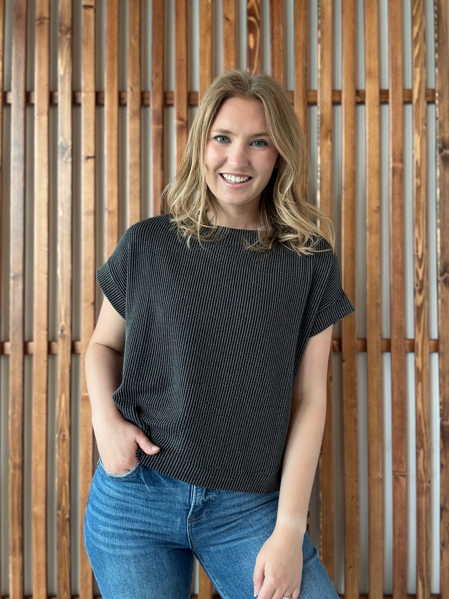 Raised Rib Cap Sleeve Top - Charcoal