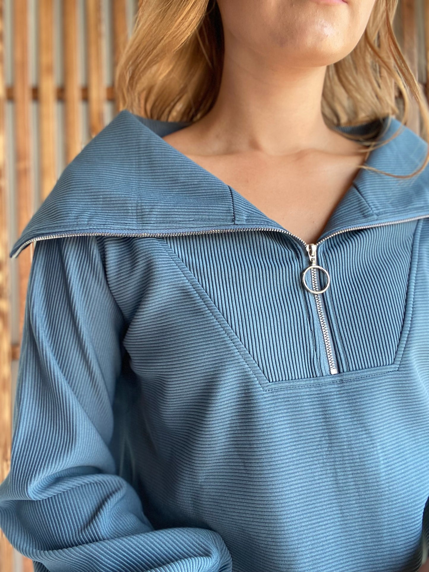 Dusty Blue Ribbed Quarter Zip