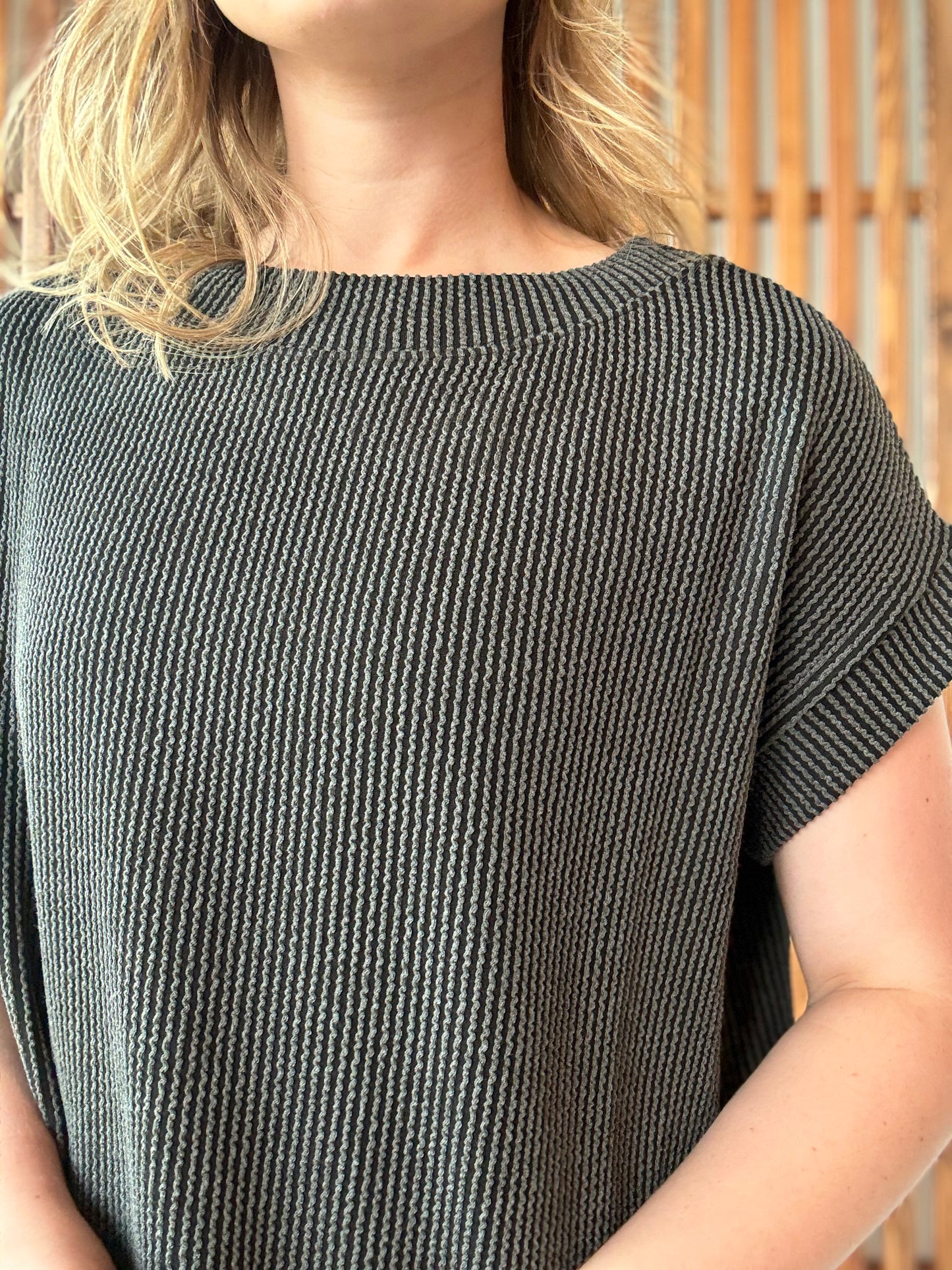 Raised Rib Cap Sleeve Top - Charcoal