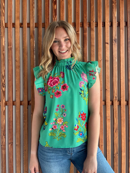 Green Floral Print Flutter Sleeve Frilly Neck Blouse - FINAL SALE