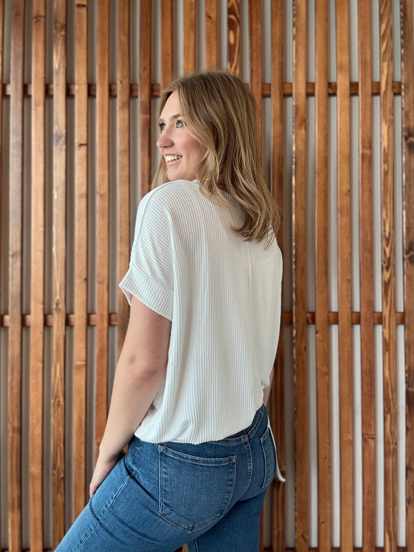 Corded Rib Short Sleeve Top - White