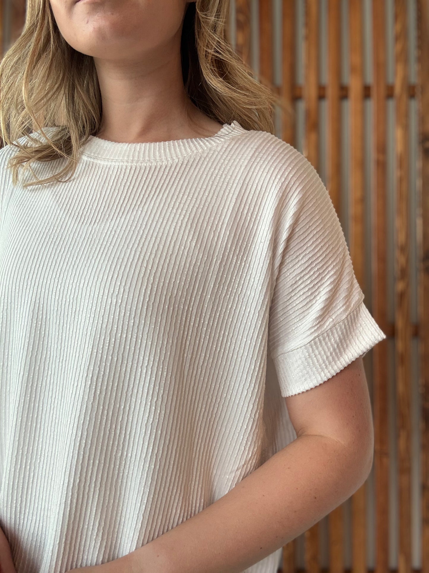 Corded Rib Short Sleeve Top - White