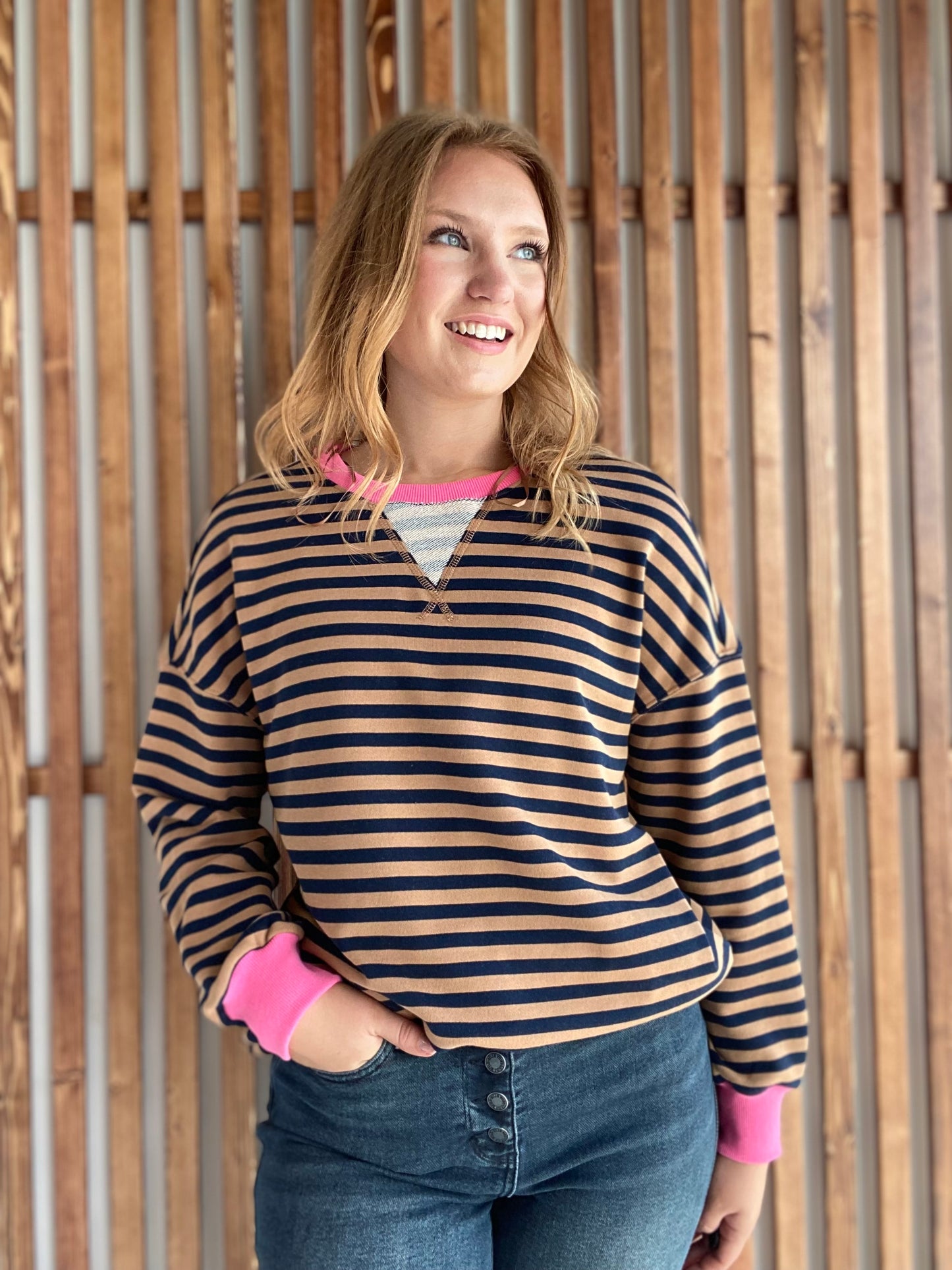 Coco & Navy Stripe with Pink Trim Sweatshirt