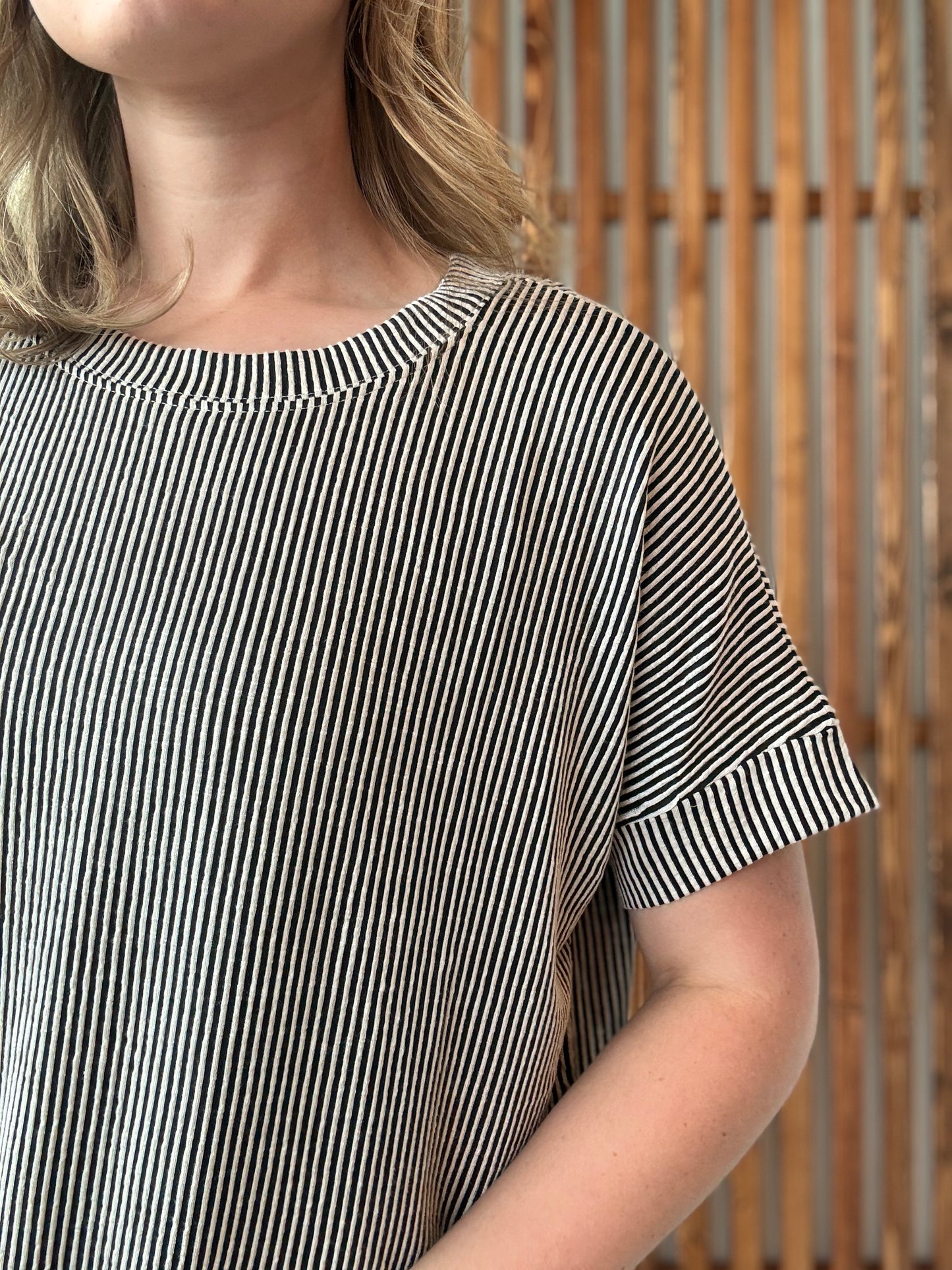 Corded Rib Short Sleeve Top - Black