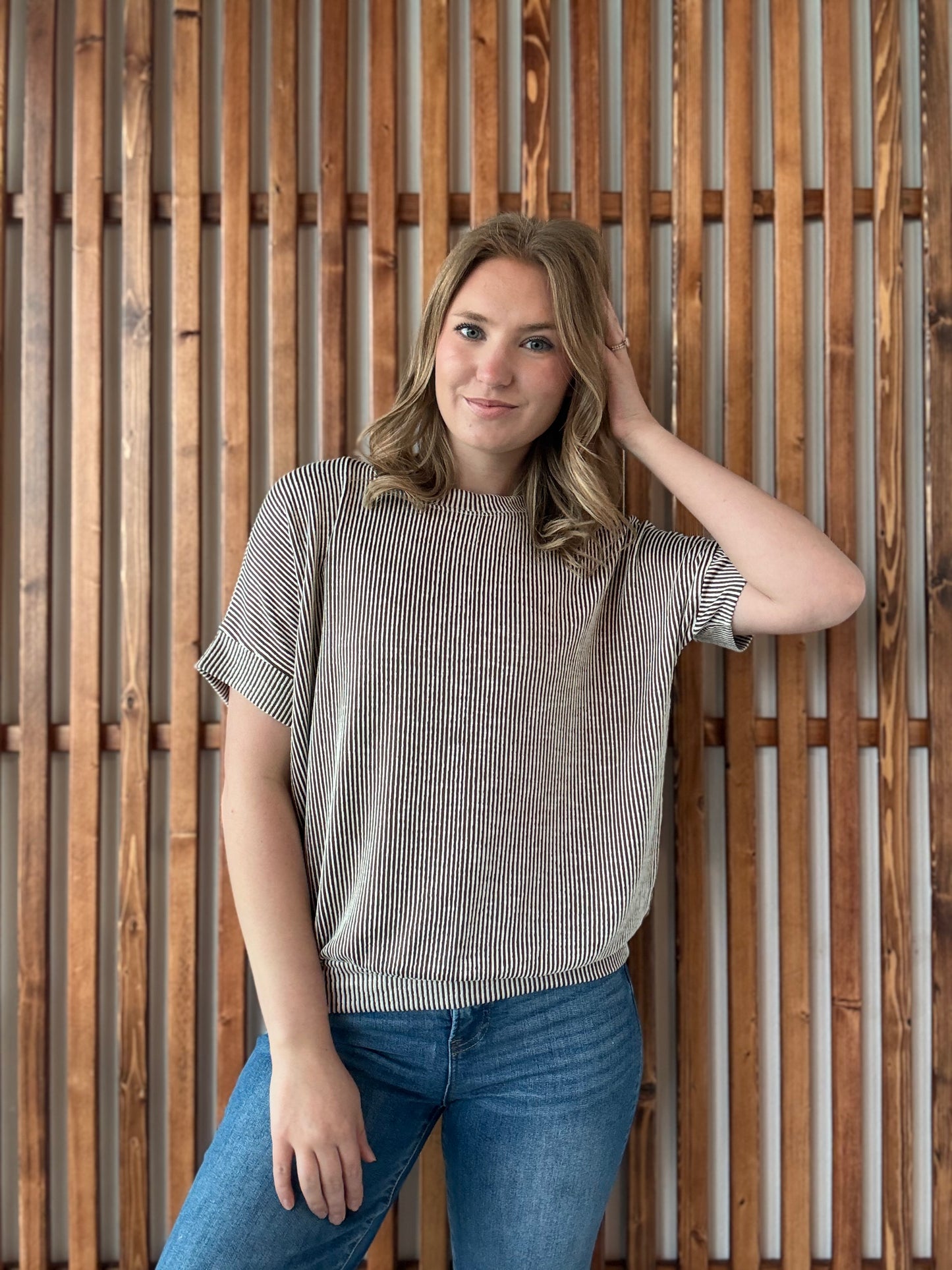 Corded Rib Short Sleeve Top - Brown