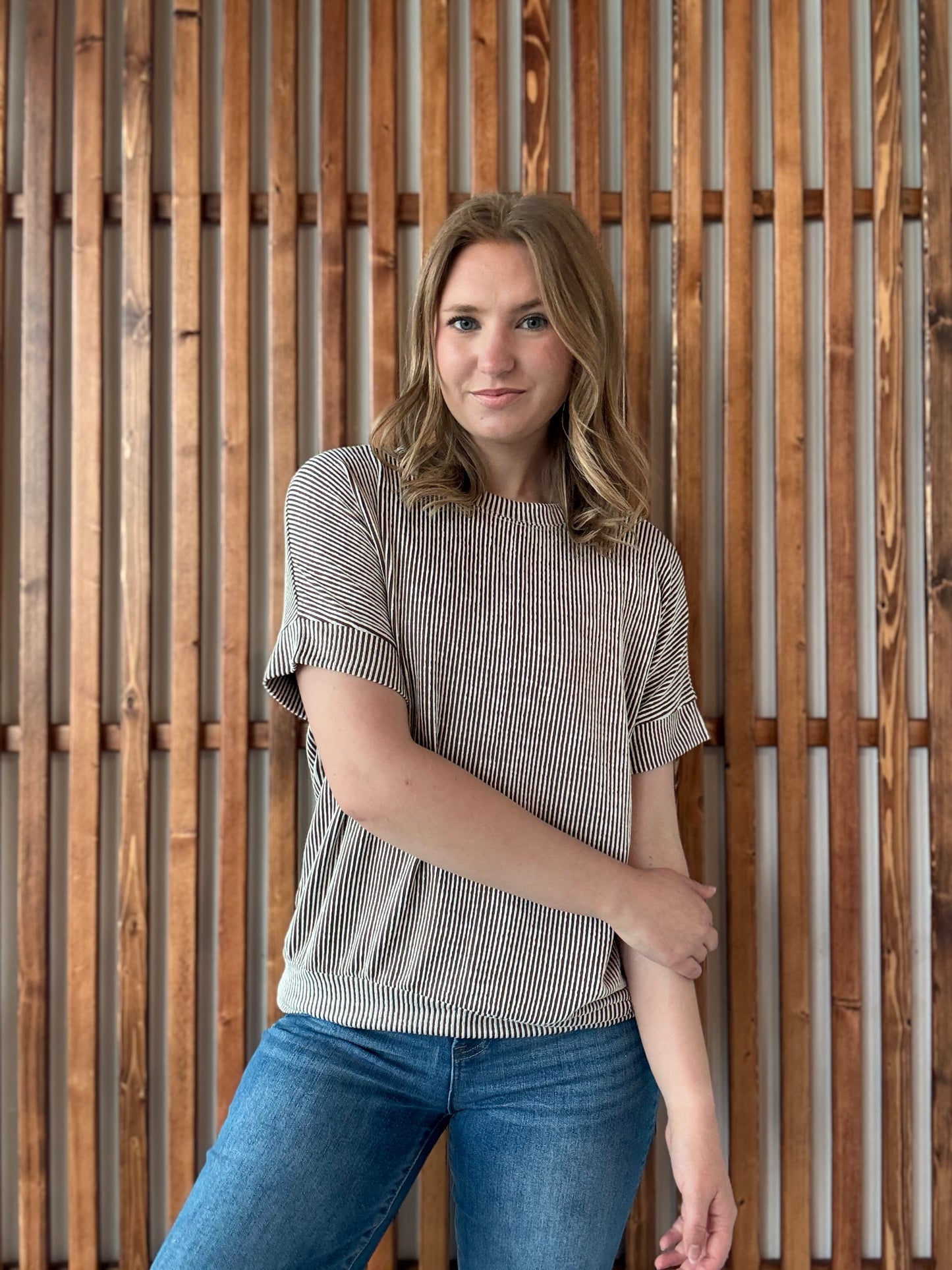 Corded Rib Short Sleeve Top - Brown