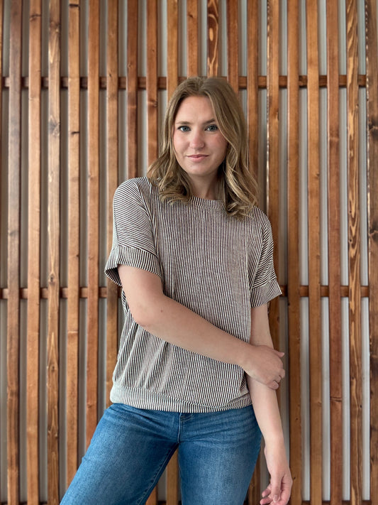 Corded Rib Short Sleeve Top - Brown