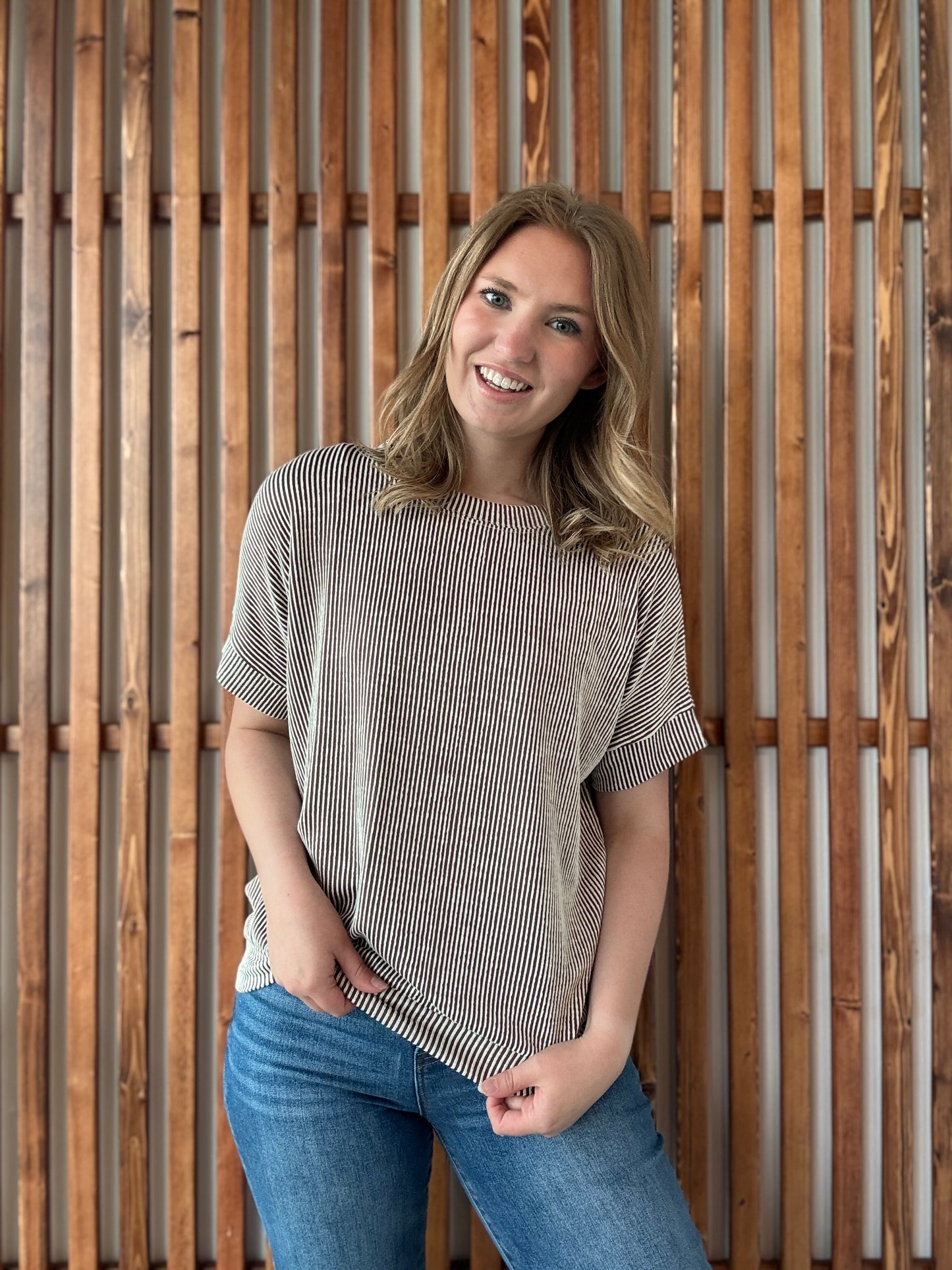 Corded Rib Short Sleeve Top - Brown