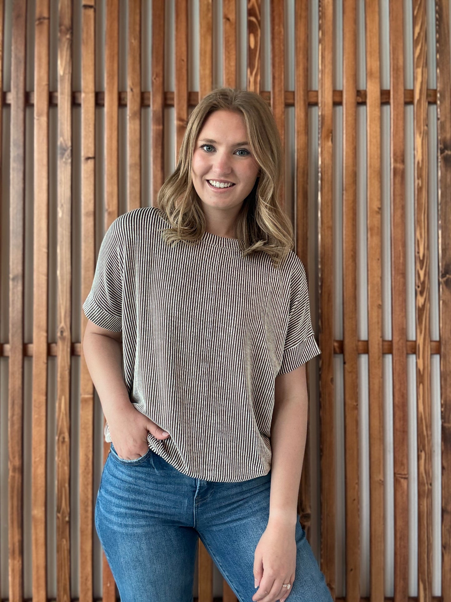 Corded Rib Short Sleeve Top - Brown