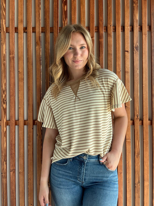 Tan Stripe Ruffle Short Sleeve Top - FINAL SALE