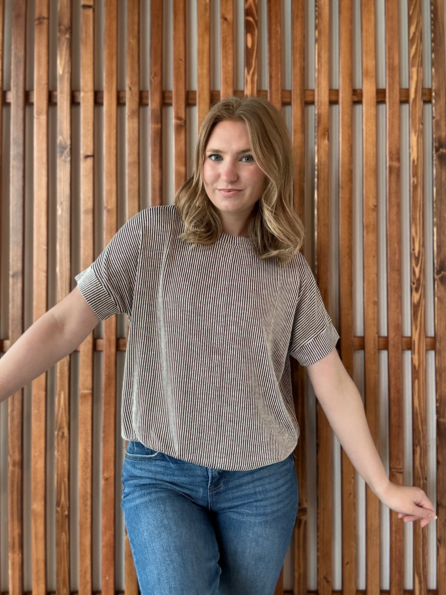 Corded Rib Short Sleeve Top - Brown