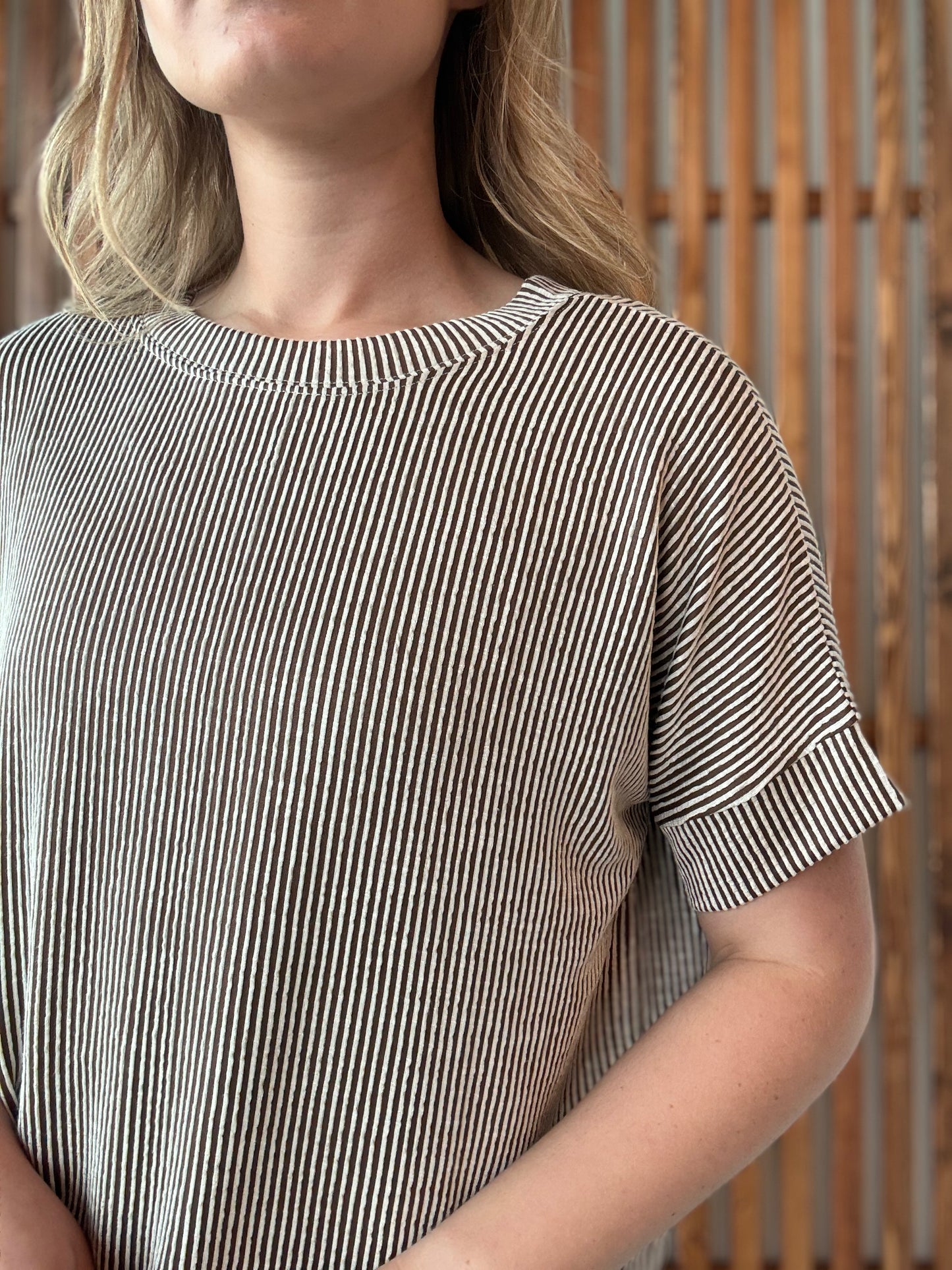 Corded Rib Short Sleeve Top - Brown