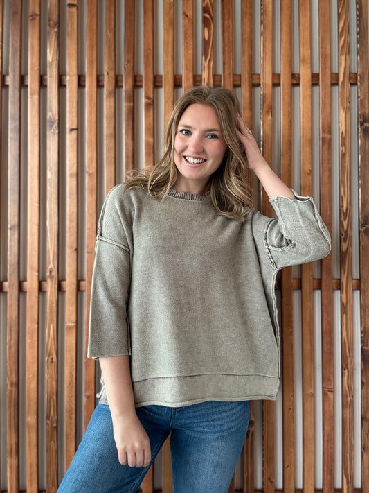 Washed 3/4 Sleeve Boxy Sweater - Mocha