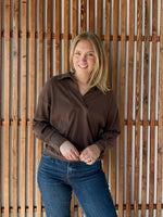 Ribbed Knit Collared Pullover Top - Chocolate