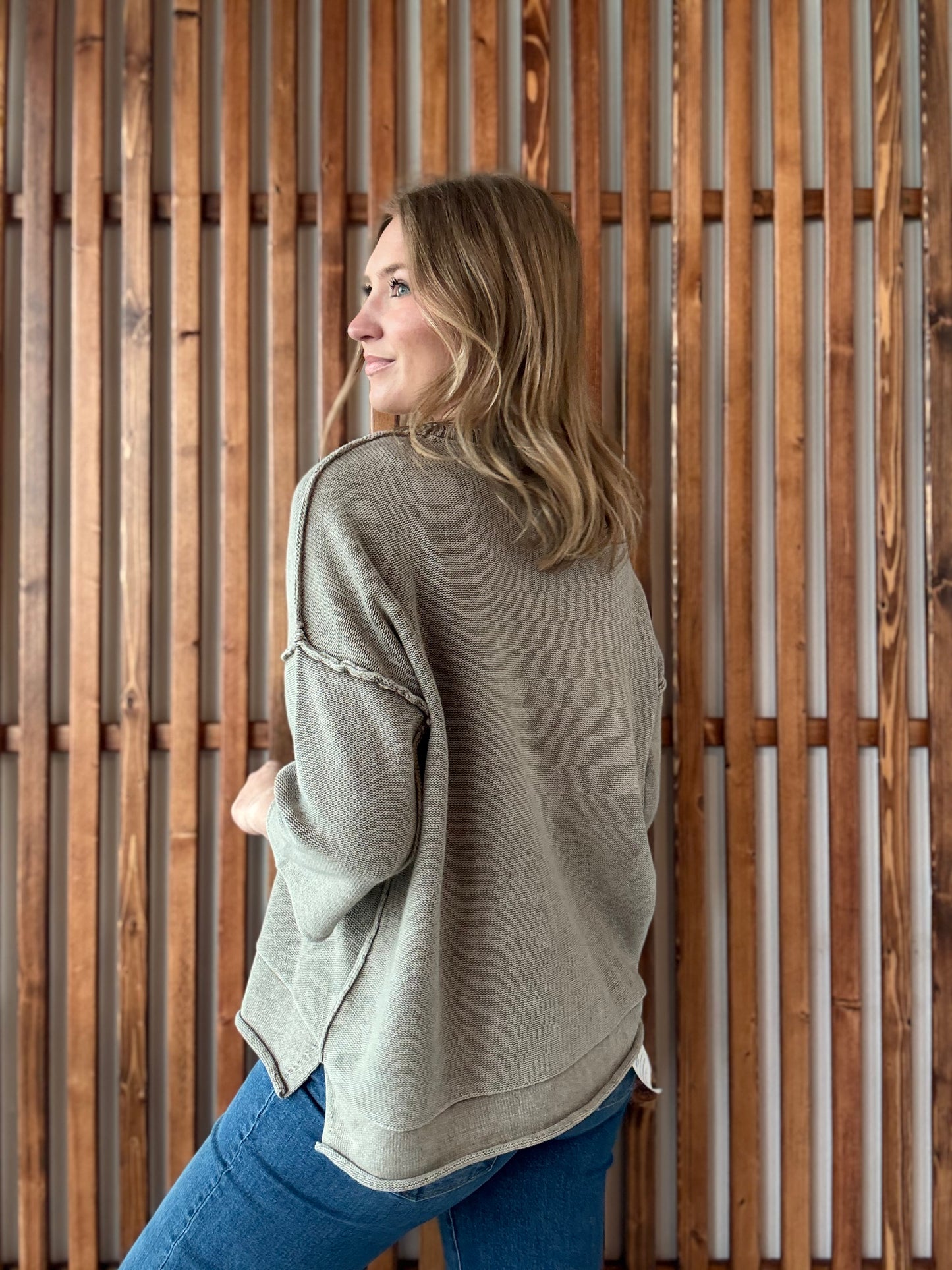 Washed 3/4 Sleeve Boxy Sweater - Mocha