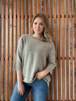 Washed 3/4 Sleeve Boxy Sweater - Mocha